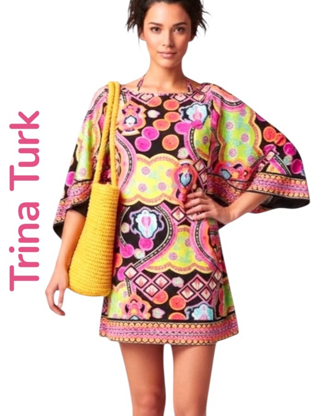 Trina Turk Marrakesh Swim Cover Up Tunic Dress Resort Dolman Sleeves Colorful M